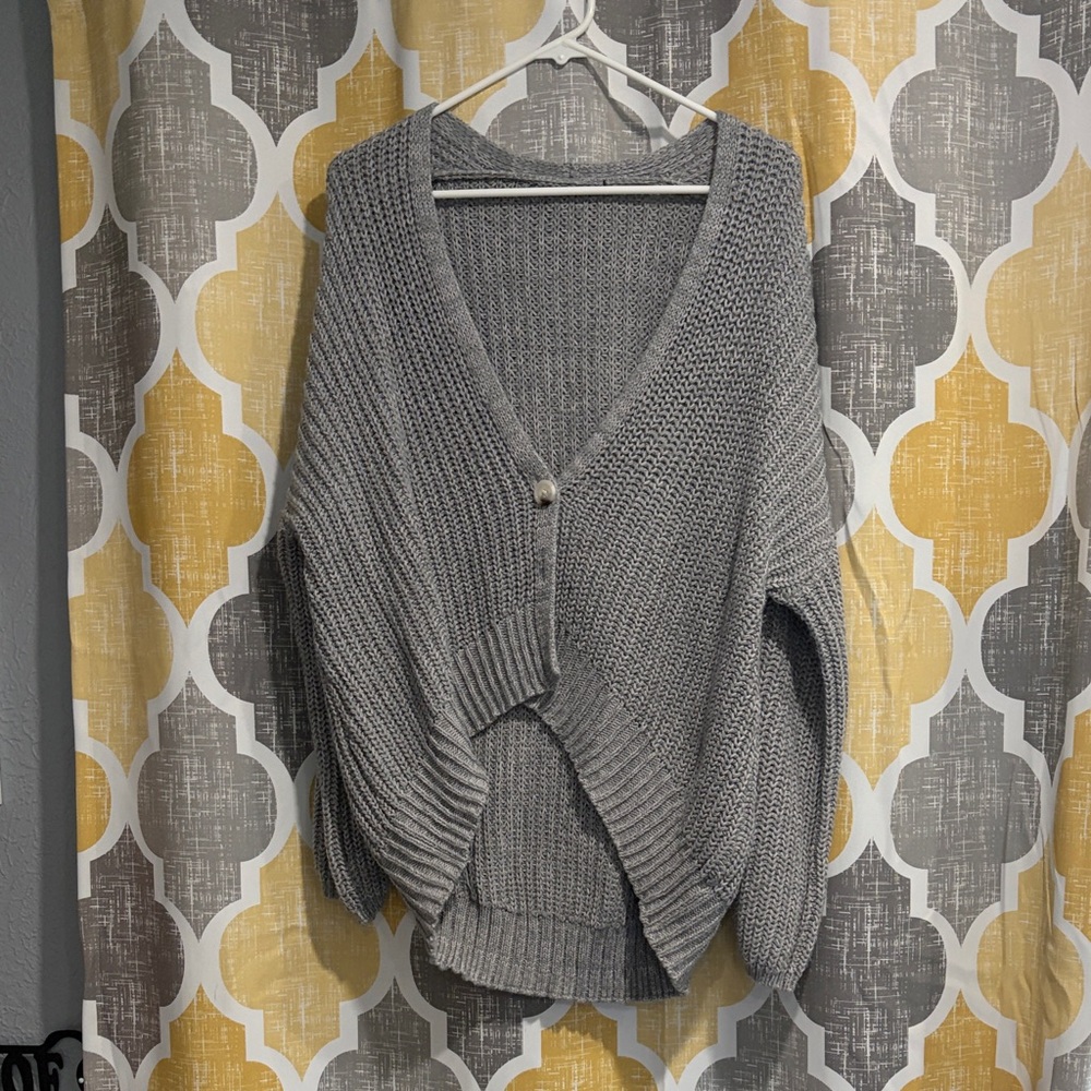Grey V-Neck Knit Cardigan Sweater